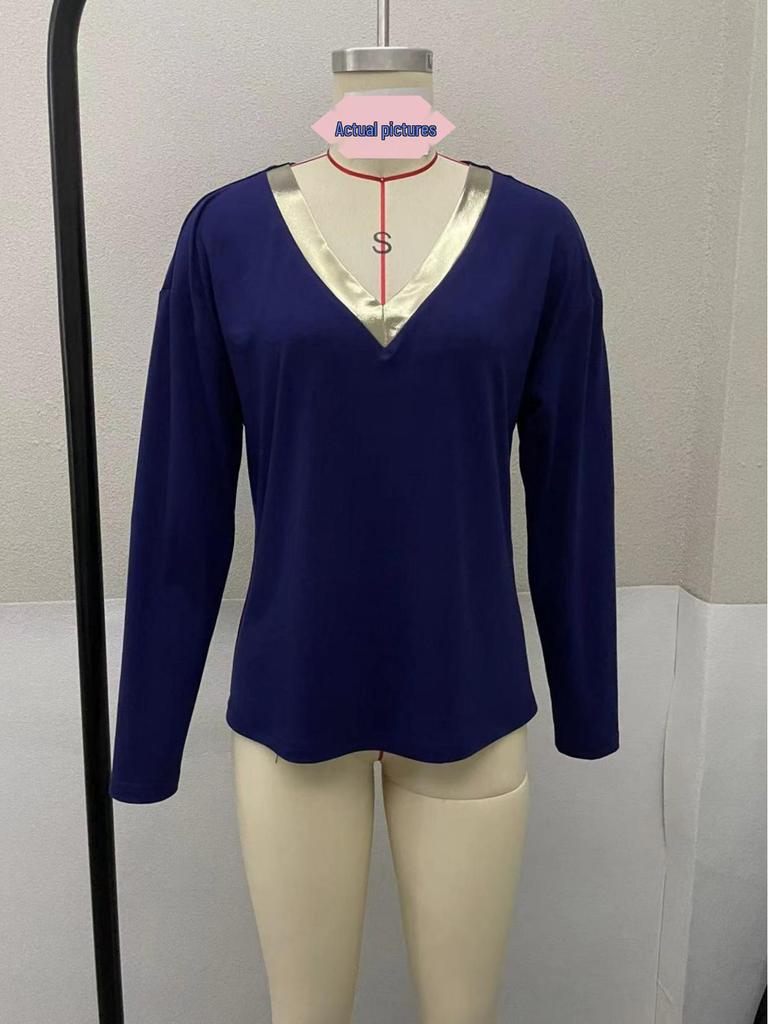2025 Euro-American Autumn/Winter V-Neck Gold Long-Sleeve Casual T-Shirt