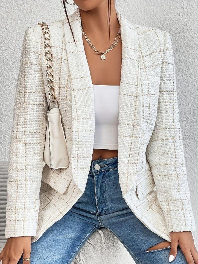 Europejski i Amerykański Płaszcz Garniturowy z Klapami w Kratę z Długim Rękawem