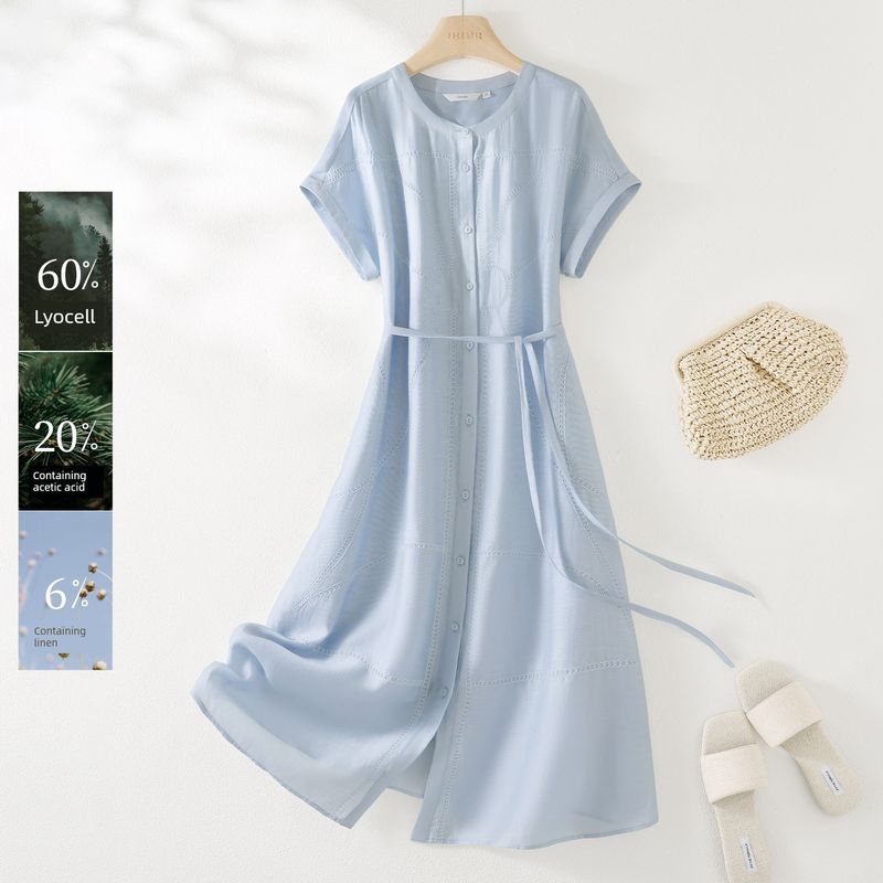 

Ihimi Sea Quiet Selection Lyocell Vinegar Fiber Dress Women 2025 Summer Advanced Sense Fashion Light and Thin Midi dress Sky Blue M
