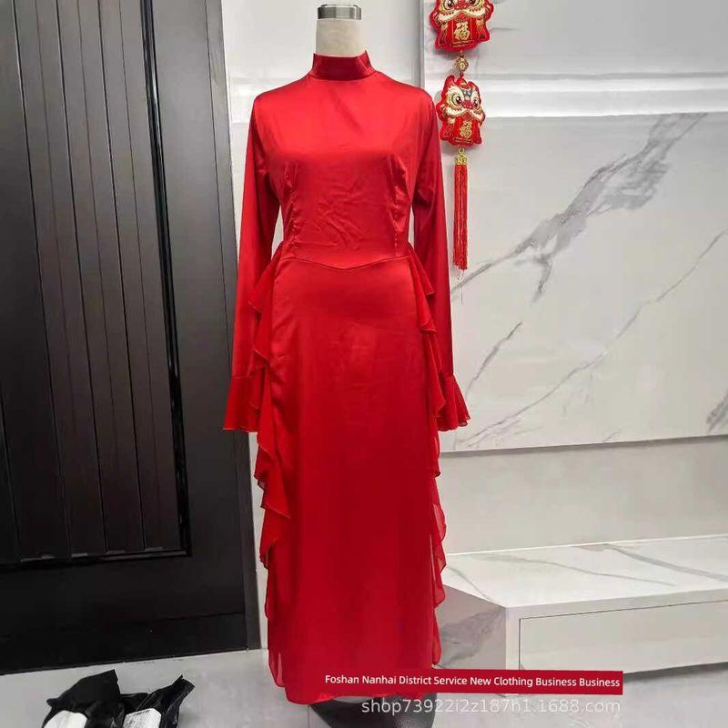 And American Foreign Trade Women's Clothing Cross-Border Amazon Autumn Crew Neck Bell Sleeve Temperament High Waist Slimming Patchwork Dress Women