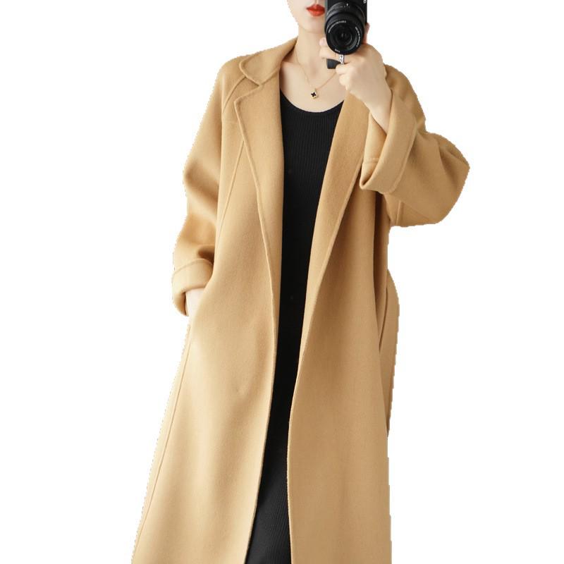Women's Mid-Length Wool Coat with Side Slits, Lapel Collar, Belt, and Loose Plus Size Fit