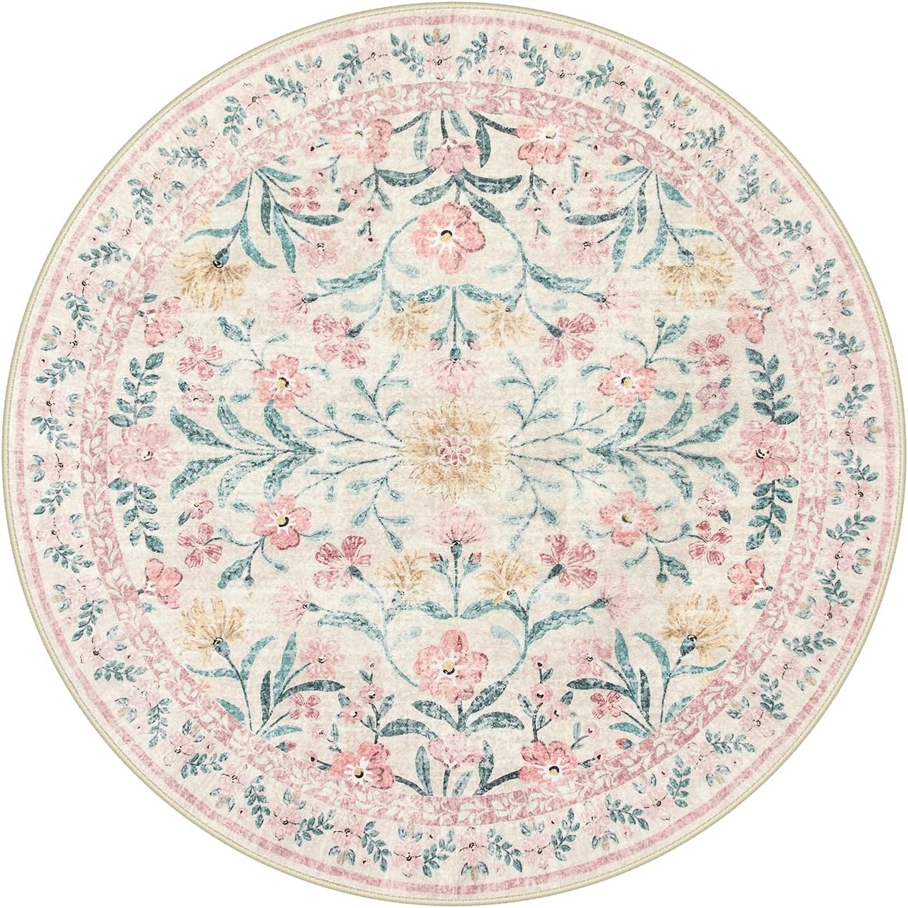 

Pink Floral Round Rug Bohemian Style Circle Carpet for European Pastoral Comfortable Decorative Rugs Bathroom Anti-slip Door Mat 40x40cm