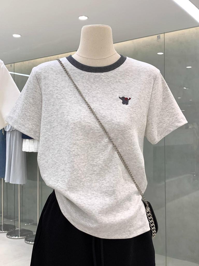 Women's Slimming Elephant Embroidery Round Neck Short-Sleeve T-Shirt - 100% Cotton, Youthful Design