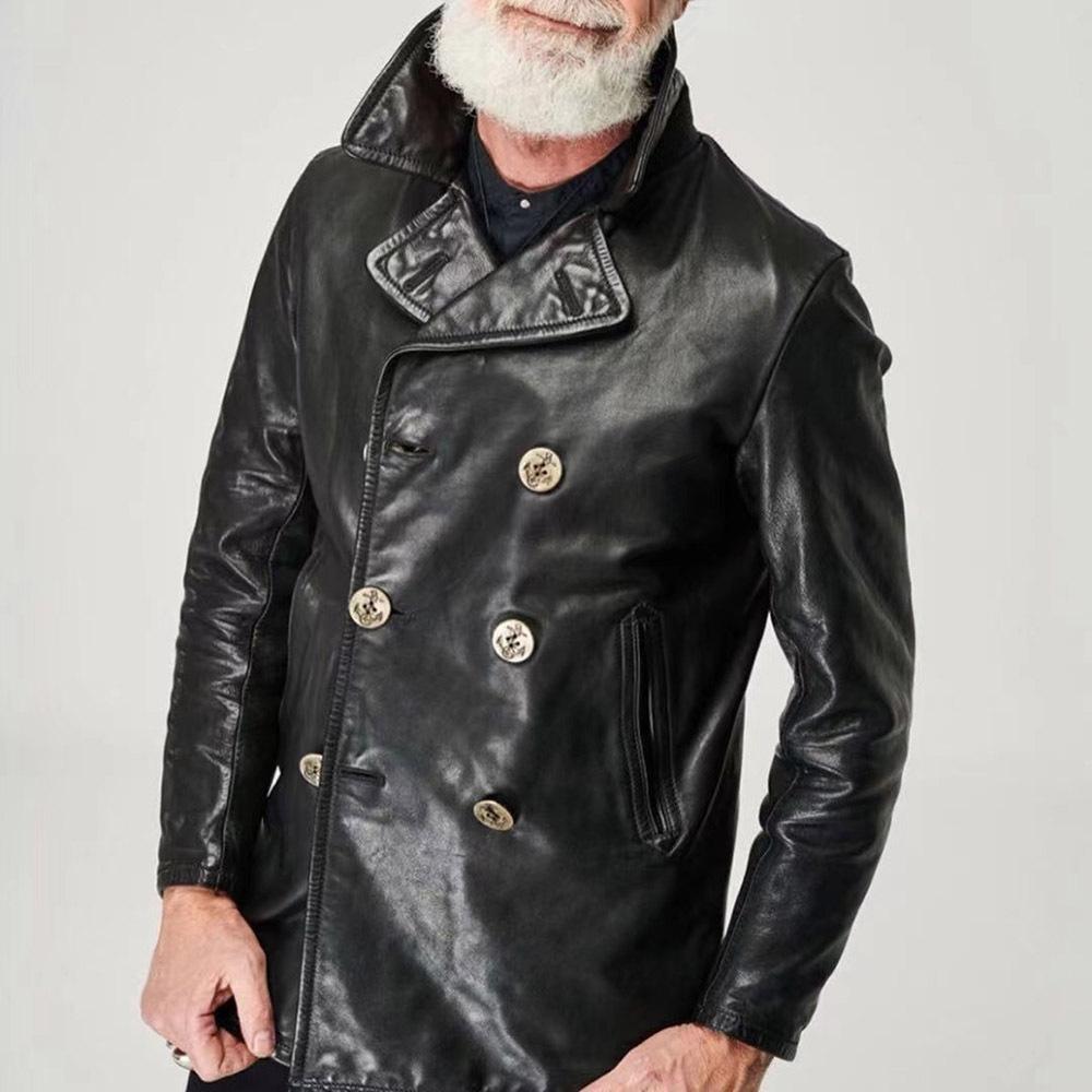 Navy genuine leather coat men's lapel double-row horn button heavy-wash fully vegetable-tanned sheepskin jacket