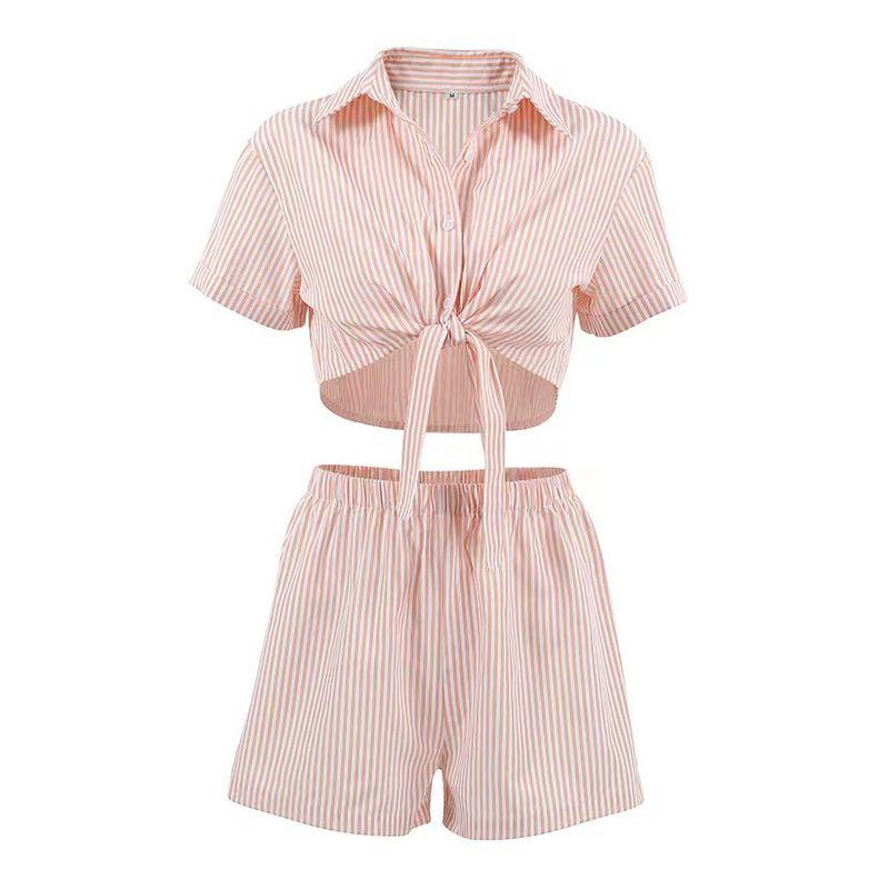 Fashion Summer Fashion Stripes Bandage Shirt Shorts Suit Striped Shirt and Shorts Set