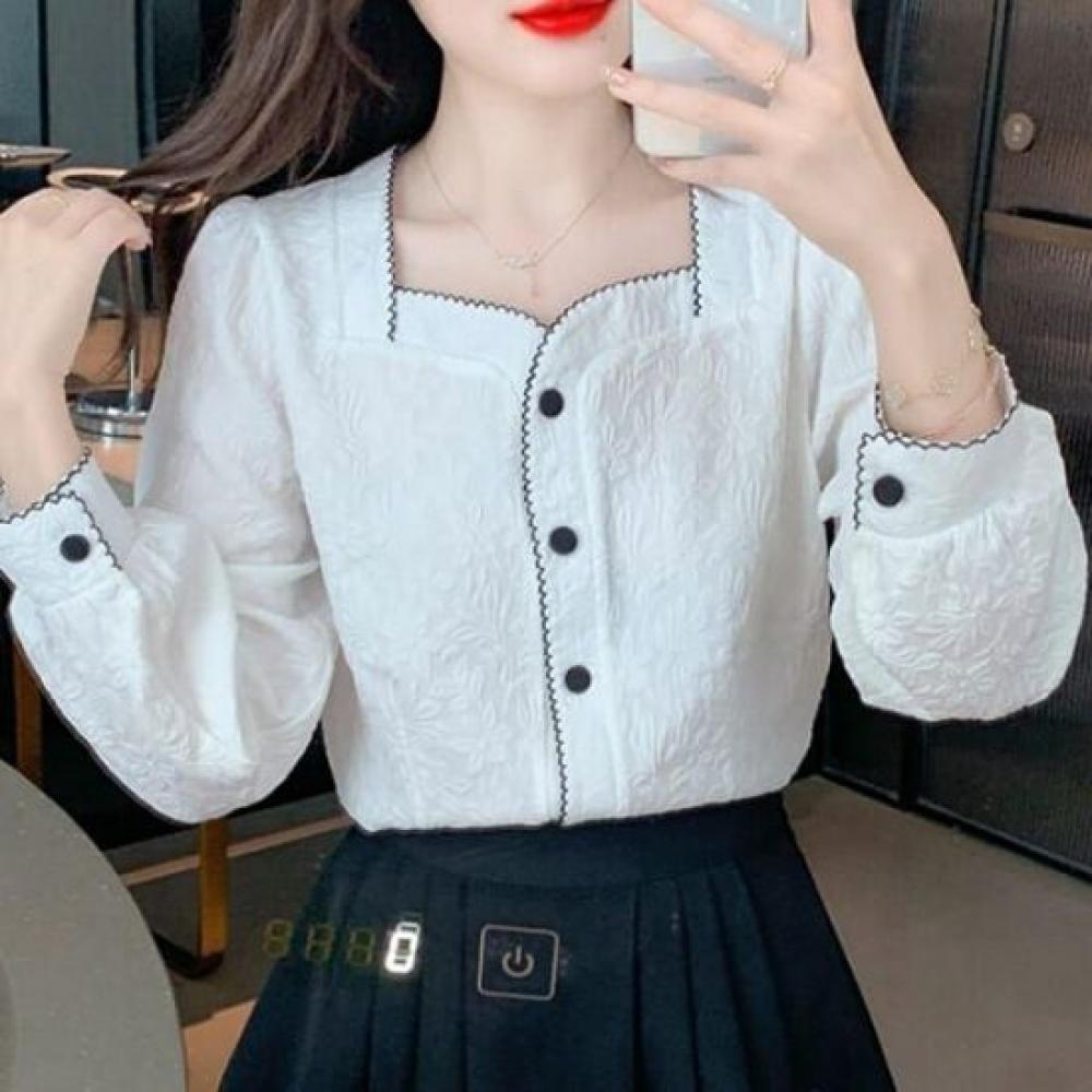 Navava Romantic Color Block Square Neck Long Sleeve Blouse Nb2929