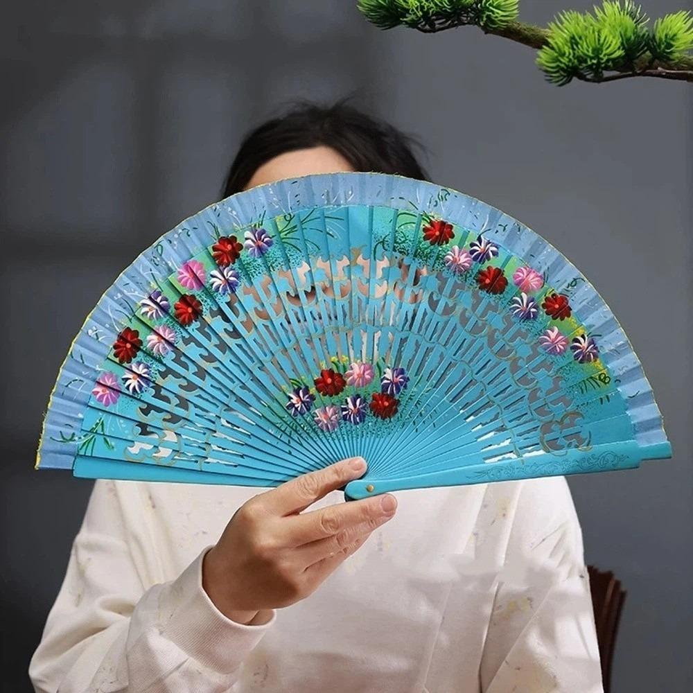 

Colorful Folding Fan Hand Crafted Spanish Wood Fan Creative Hand-painted Fan Photography Prop синий