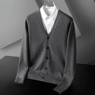 Fall Winter Men Cardigan V Neck Knitted Solid Color Elastic Pure Color Loose Buttons Single-breasted Formal Business Style Sweater Coat