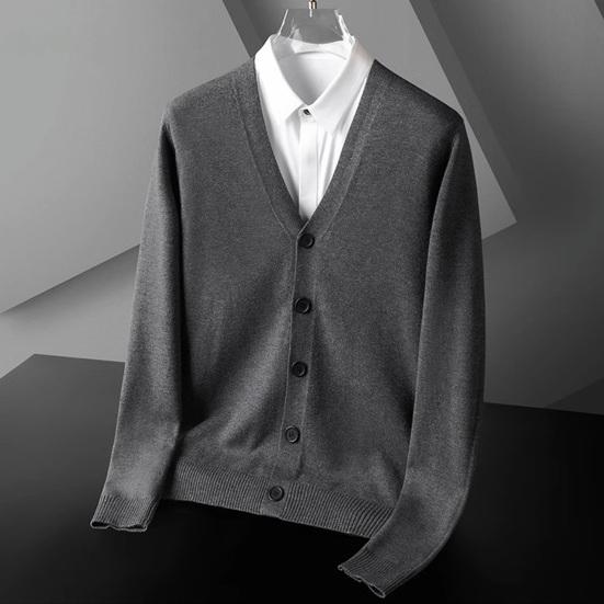 Fall Winter Men Cardigan V Neck Knitted Solid Color Elastic Pure Color Loose Buttons Single-breasted Formal Business Style Sweater Coat