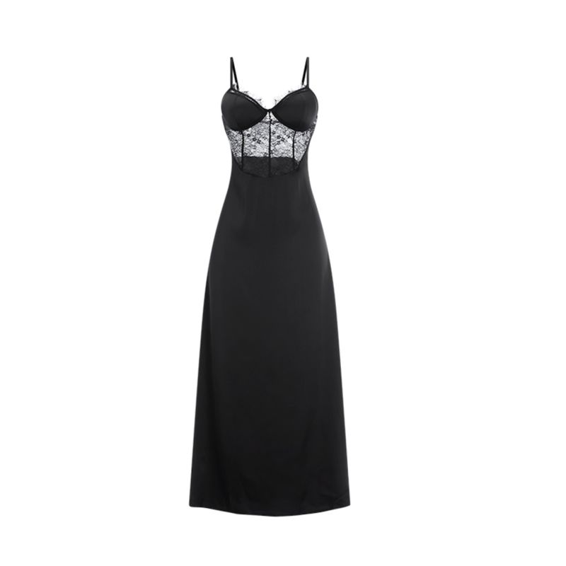 Good Morning with You: Small Size Sexy Suspenders Pajamas with Chest Pad Lace Ice Silk Nightdress Long Dress to Ankle Super Long
