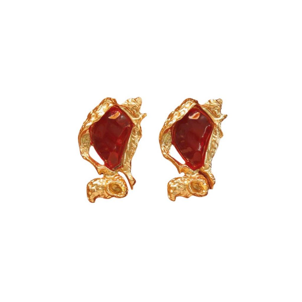 Baroque Vintage Red Lava Gem Gold-Plated Stud Earrings with Silver Needle