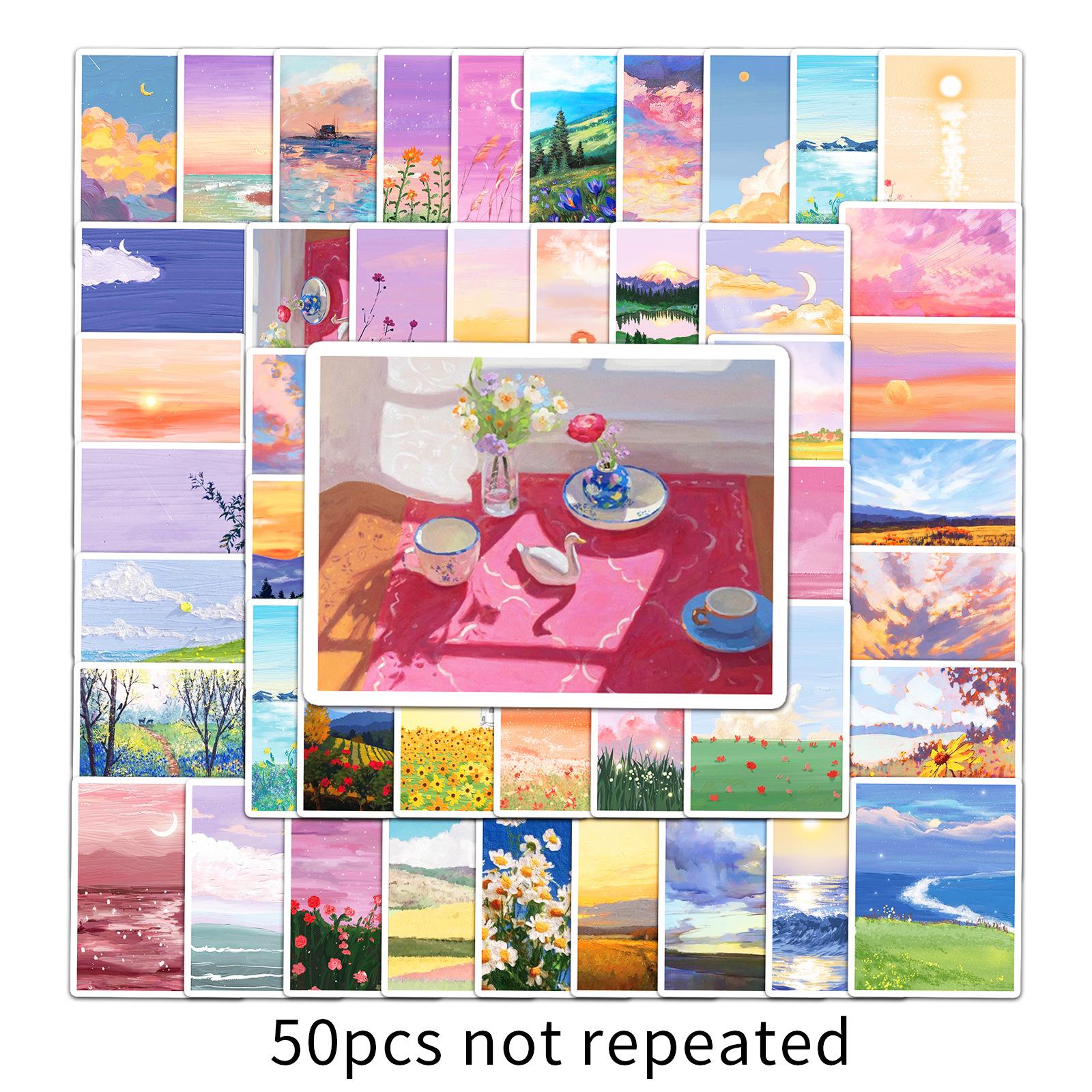 

50 Наклеек-граффити с пейзажной масляной живописью, свежие наклейки в стиле инс, наклейки для чемодана на скейтборд сделай сам, водонепроницаемые