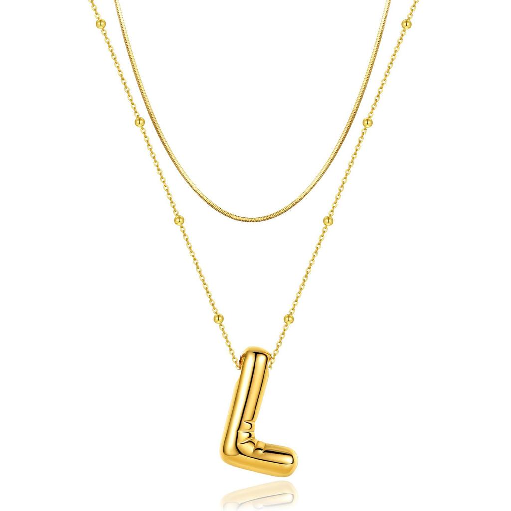14K Double Round Snake Bone Chain Bead Chain Biscuit Balloon Letter Neck Chain Bubble Letter Foam Letter Necklace