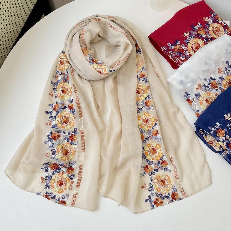 New embroidered flower cotton scarf with temperament shawl women's scarf neck protection fashionable and warm