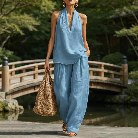 Completi due pezzi in cotone e lino da donna Top senza maniche con scollo a V e incrocio Pantaloni a gamba larga coordinati Outfit estivi per vacanze e relax