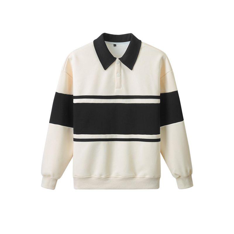 Origami Crane Men's Clothing Japanese Retro Color-Block Striped Sweatshirt with Fleece for Men, New Loose Casual Top for Autumn and Winter 7356