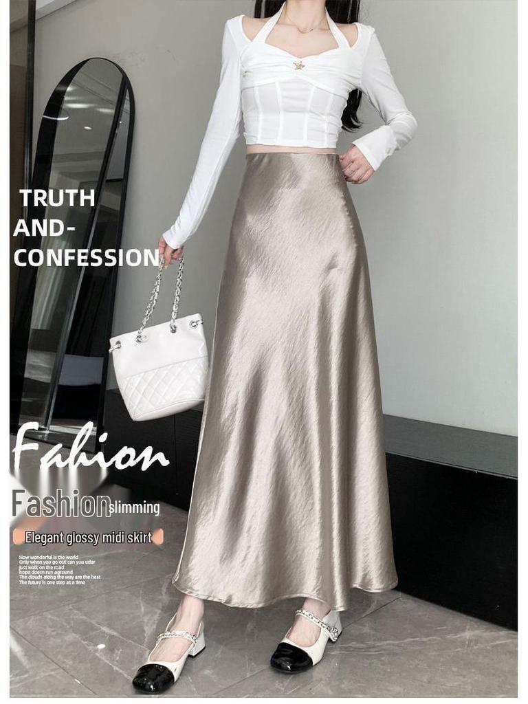Women's A-line Mermaid Skirt - Spring/Summer 2025 Korean Style Mid-Length Acetate Satin Draped Skirt