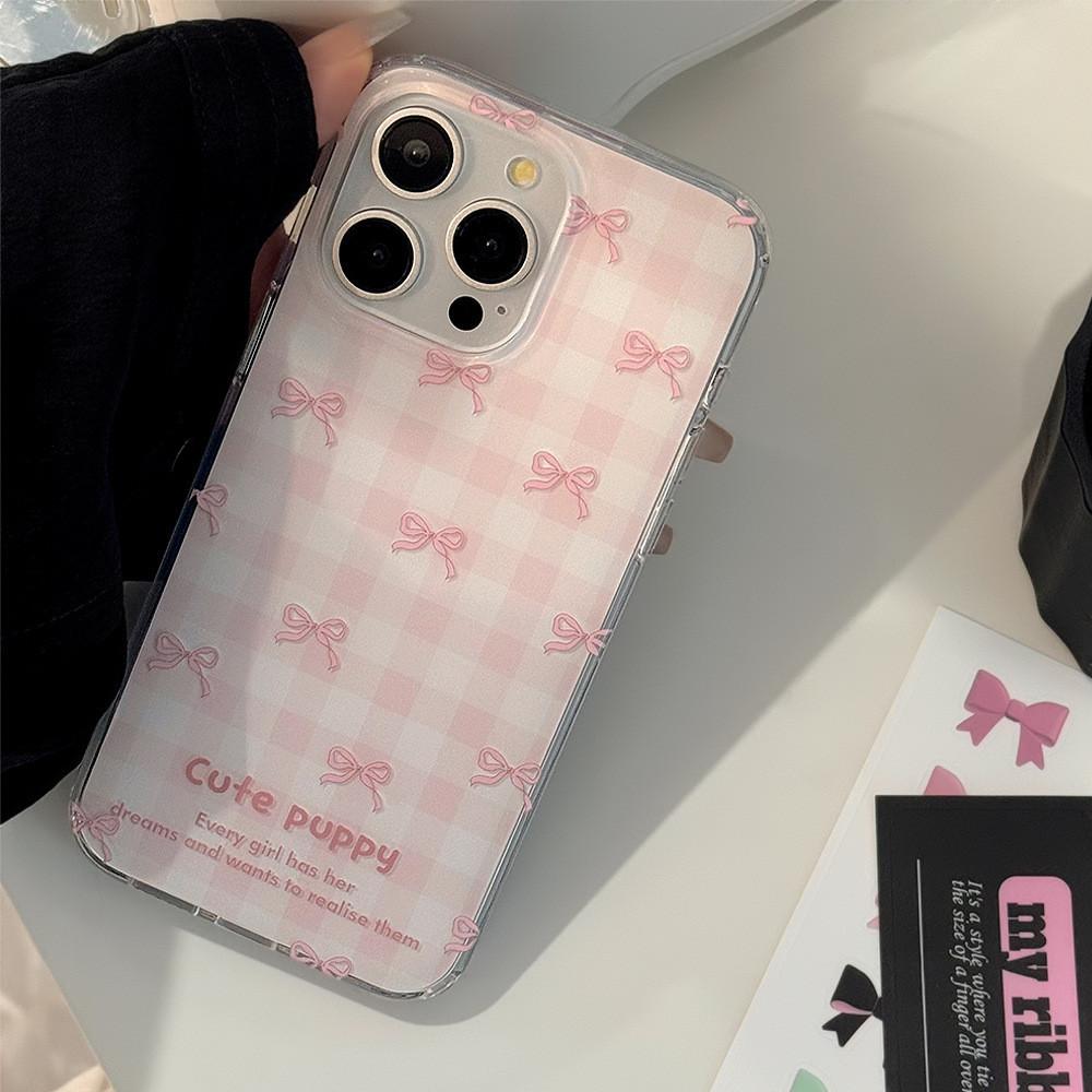 Japanese Style Pink Plaid Bow Phone Case Compatible and Suitable for iPhone15 14 13/12promax