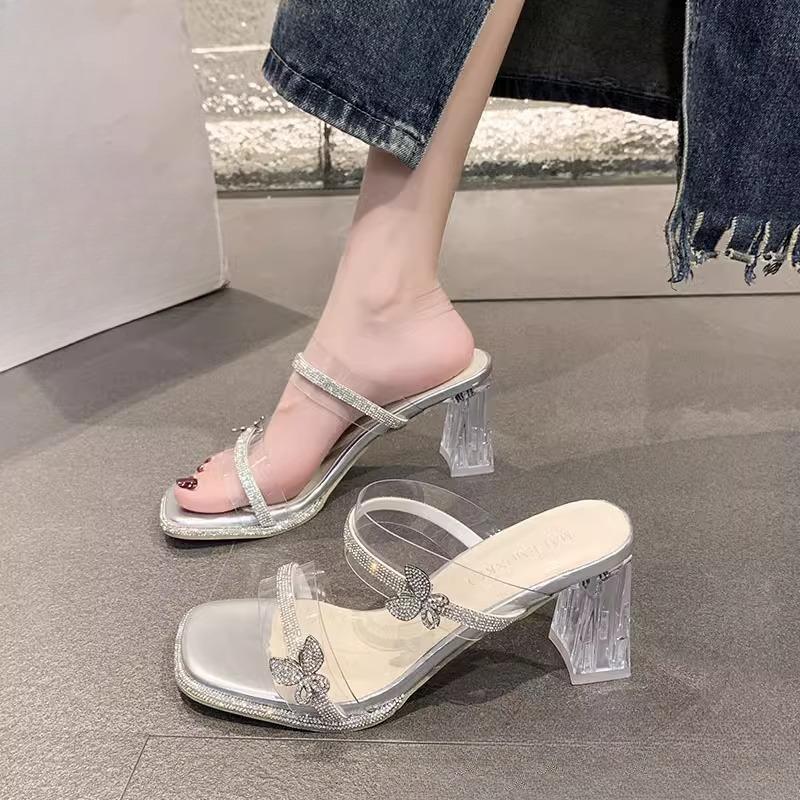 

High Heels Slippers Transparent Rhinestones One-shoulder Thick-heeled Shoes Slippers 40 срібний