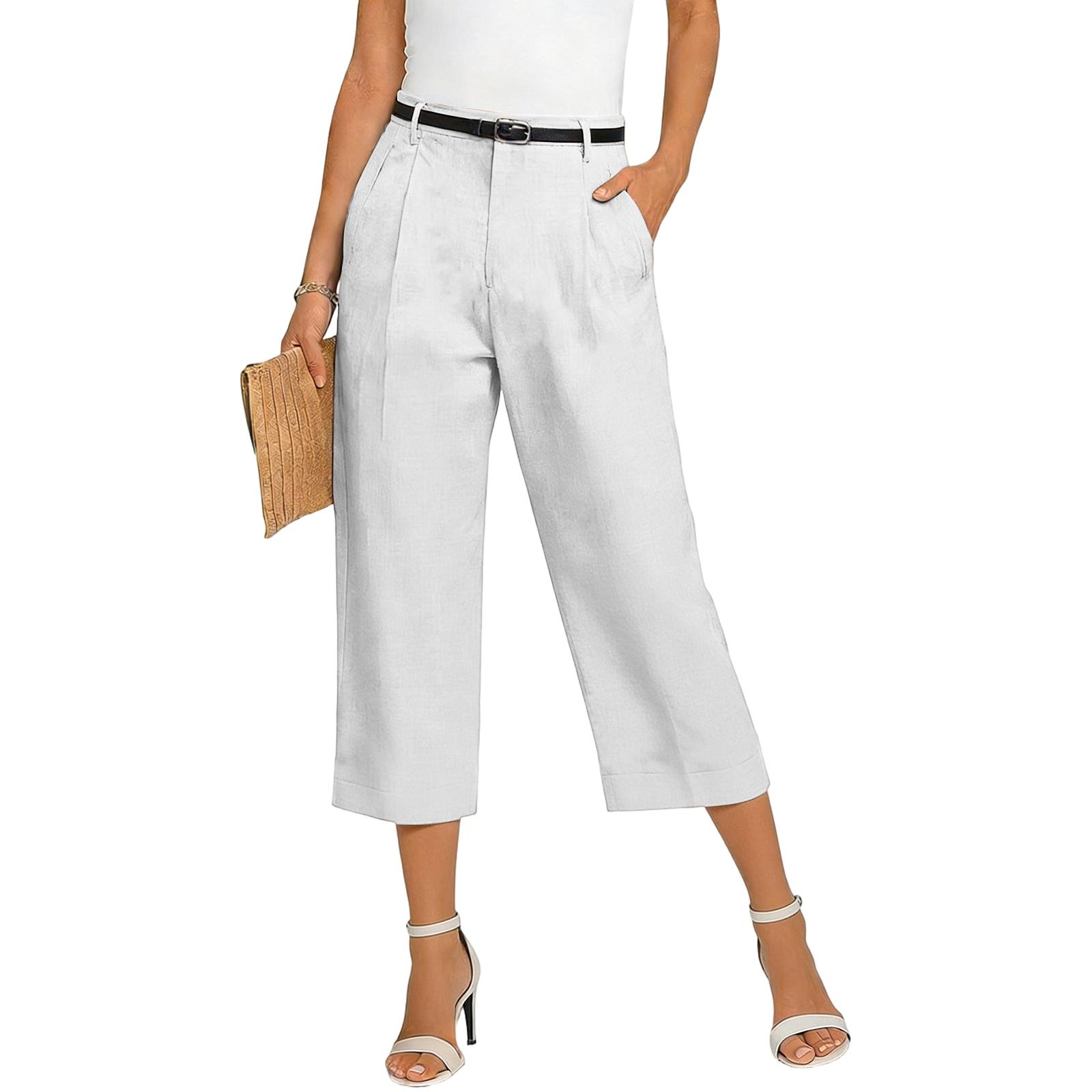 

Women s Color Casual Fashion Breathable Loose Cotton Linen Seven Quarter Pants XL білий