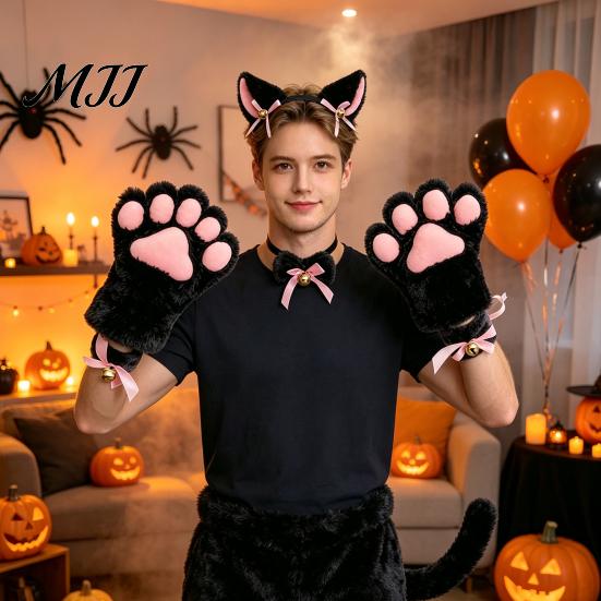 Měkké plyšové kočičí uši 7 ks Cosplay kostýmová sada, Čelenka s ušima, Rukavice s tlapkami, Límec s mašlí, Čelenka s rolničkou, Náramek na zápěstí, Ocas, Halloweenská párty Koťátko Doplňky