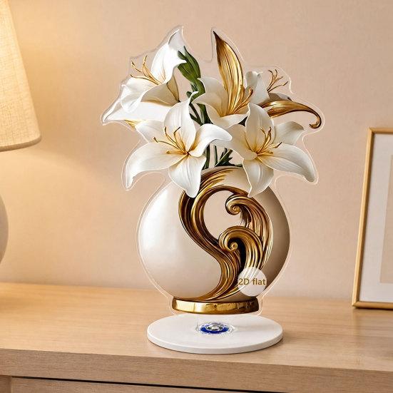 2D Flat Flower Ornament, 360-Degree Rotating Vase Acrylic Ornament with Base, Flower Vase Tabletop Decoration for Home Desk Shelf Decor