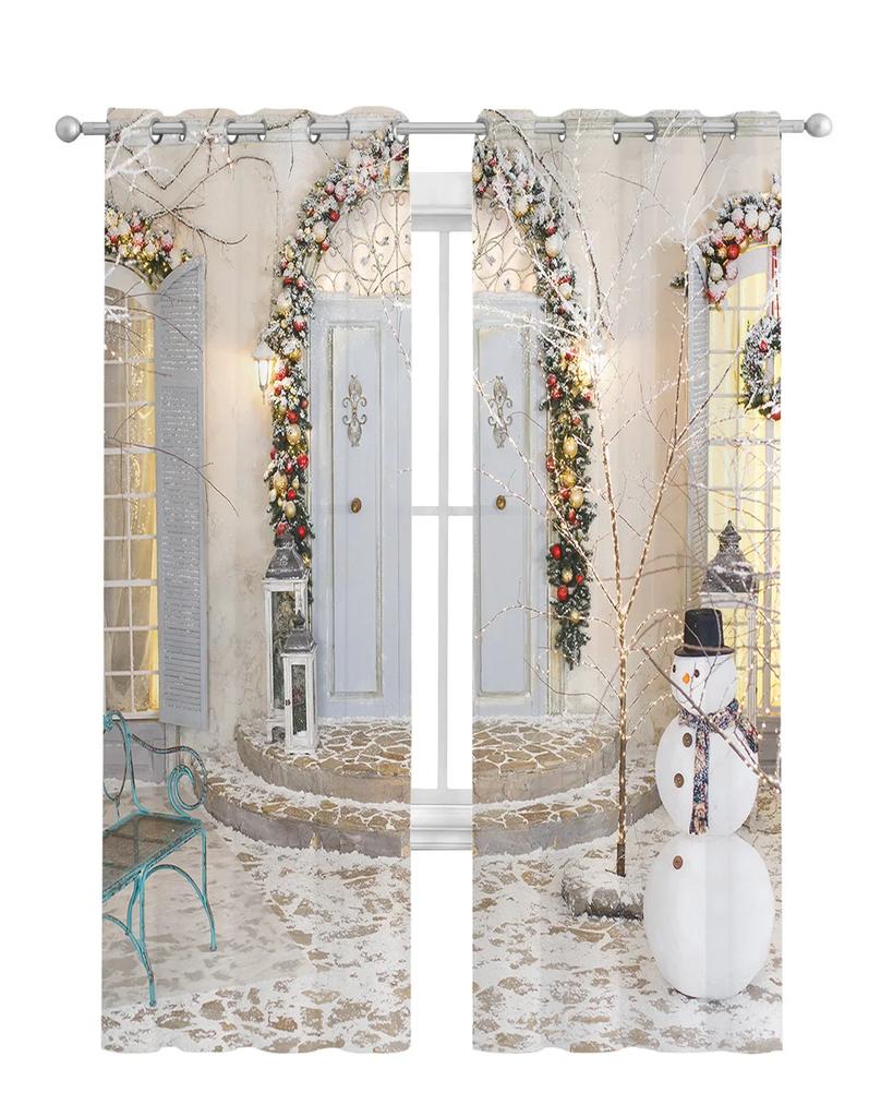 Christmas Snowman Door Balloon Tulle Curtains For Living Room Bedroom Kitchen Decoration Chiffon Sheer Voile Window Curtains