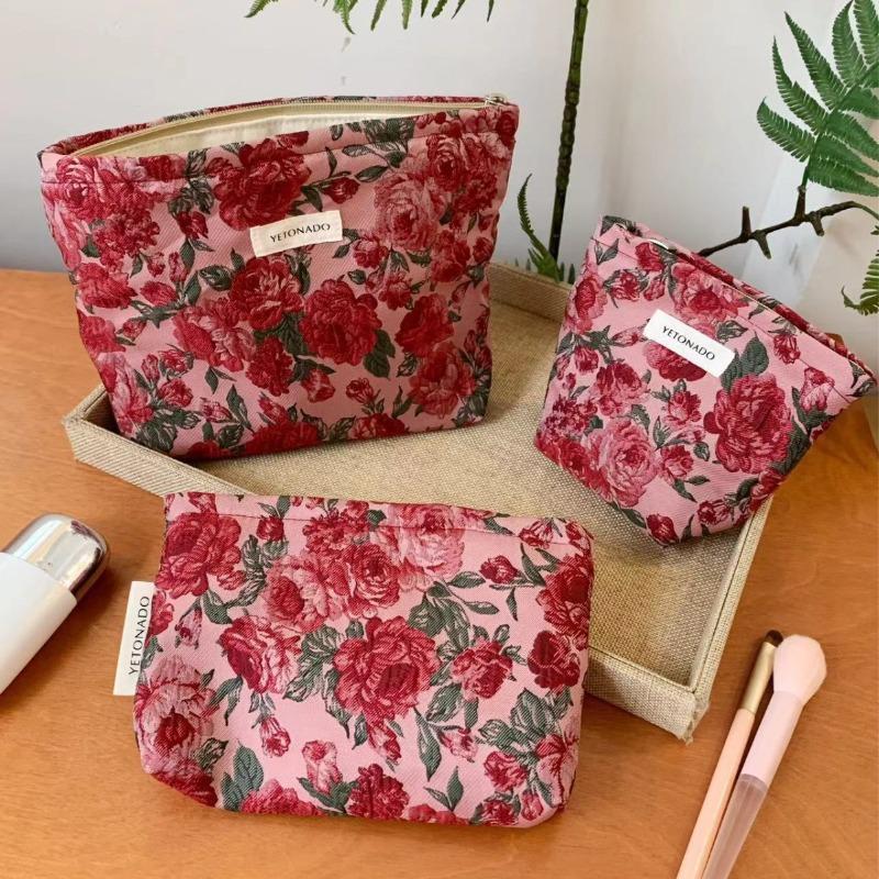 Vintage Makeup Bag Dark Red Floral Jacquard Fabric Cosmetic Pouch Women's Zip Square Clutch Handbag for Toiletries Storage