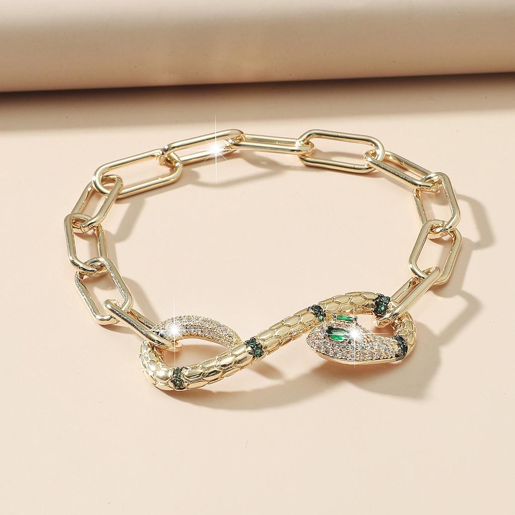 Wind 18 Karat vergoldet Mode personalisiertes Kettenarmband Damen, Retro Diamant-besetztes Smaragd Schlangenarmband