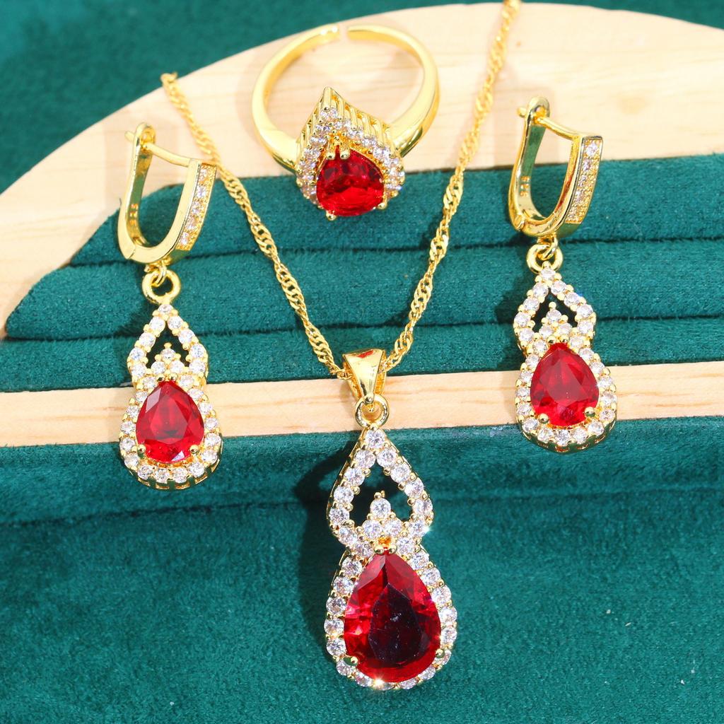 New European and N Fashion Jewelry Set Zircon Necklace Earrings Ring
