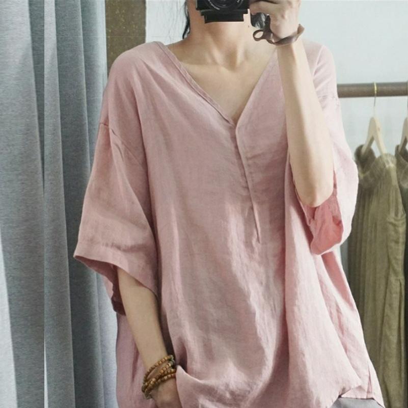 Summer Half-sleeved Casual Loose Large Size Covering Meat Comfortable V-neck Top Short-sleeved T-shirt Solid Color Women's Clothing