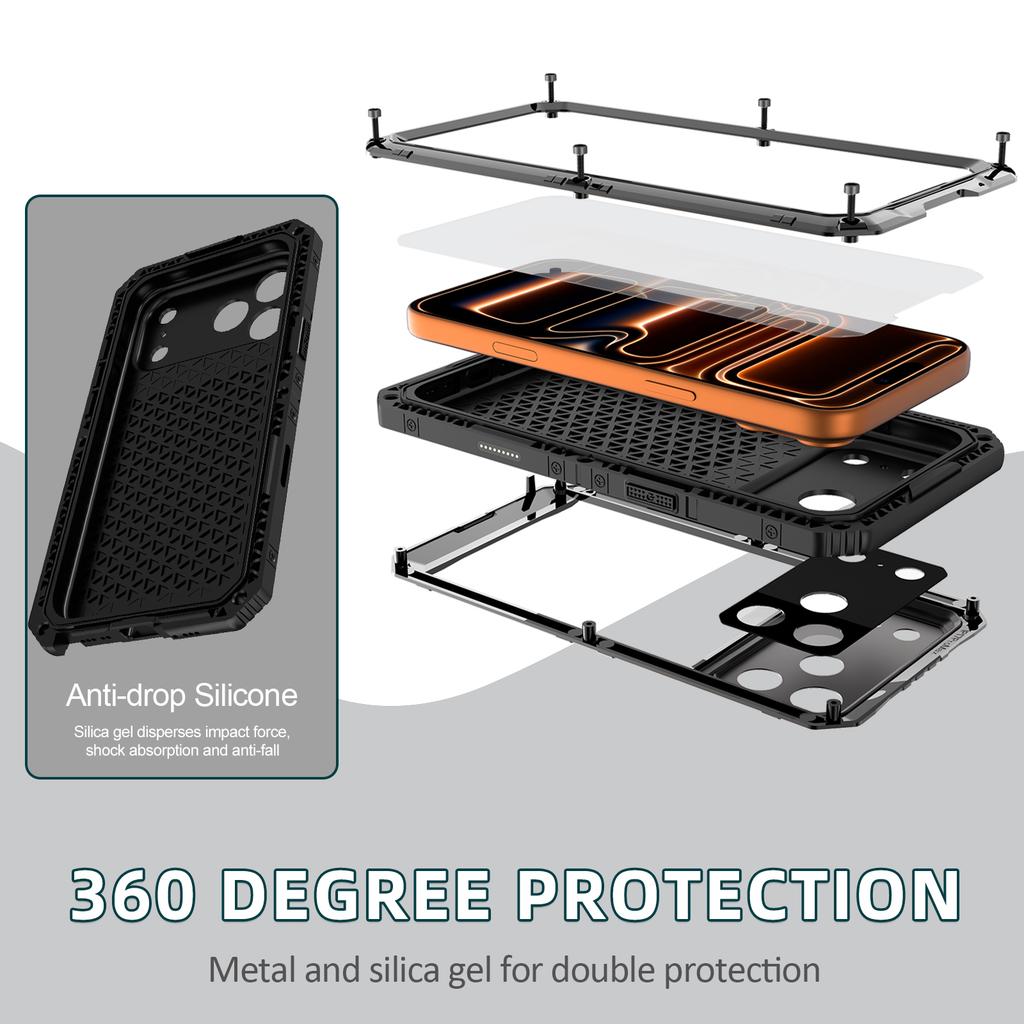 Coque de téléphone étanche IP68 pour iPhone 17 Pro Max Métal + Couvercle en Silicone avec Protection d'Écran
