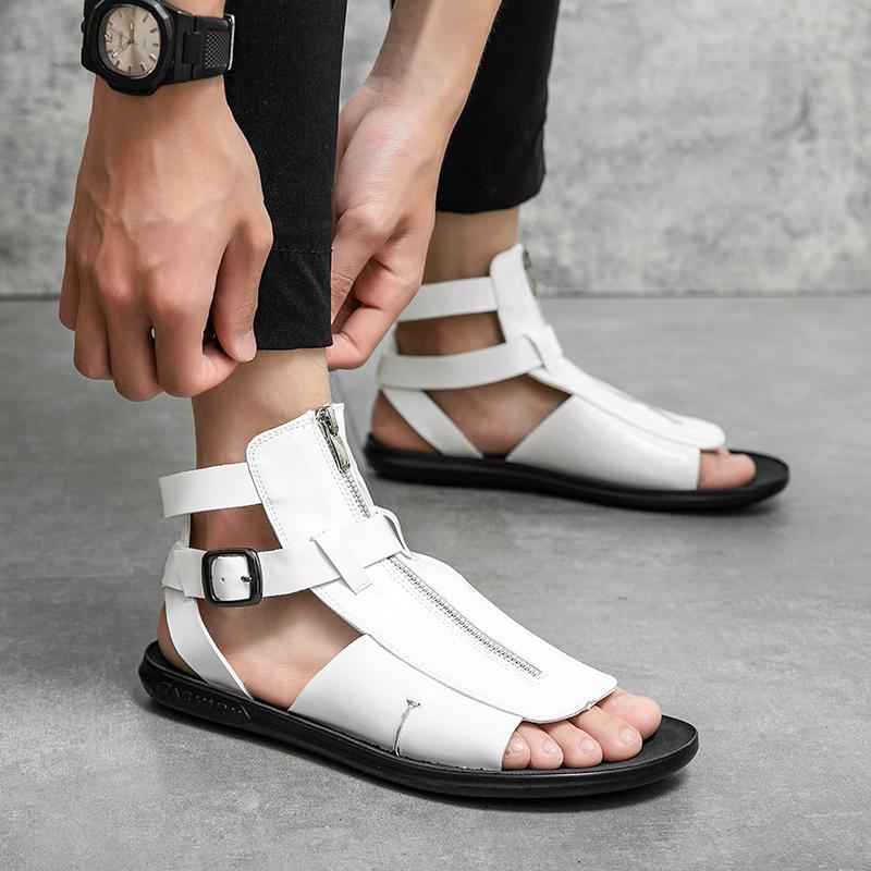Summer New Men Gladiators High Qualit Leather Casual Shoes Breathable Beach Sandals Outdoor Slippers Black White Big Size