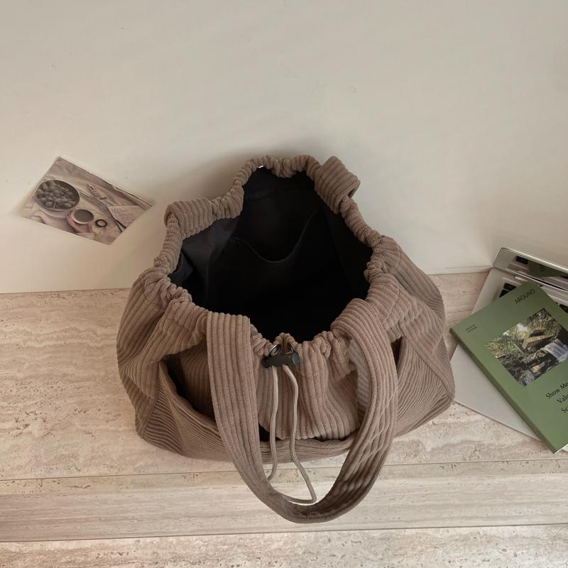 Solid Color Lightweight Corduroy Drawstring Tote Bag Large Capacity Shoulder Tote Bag