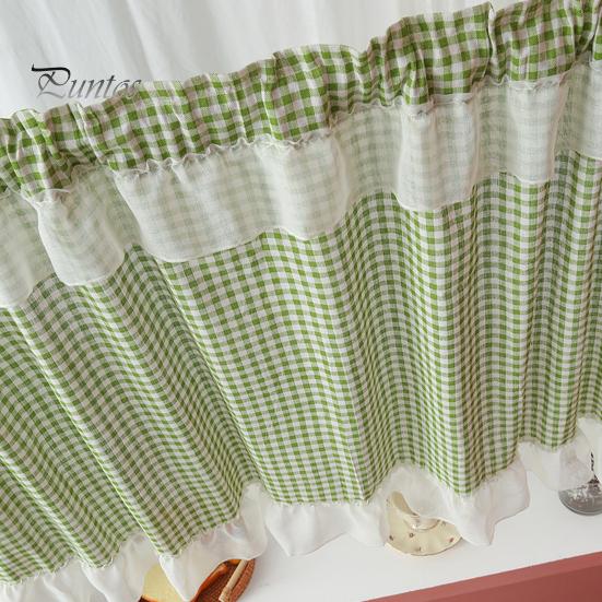 Pastoral Kitchen Curtain Plaid Short Curtain, Rod Through Top Design, Blocks Oil Smoke And Dust Simple Color Rustic for Half Windows Cabinet