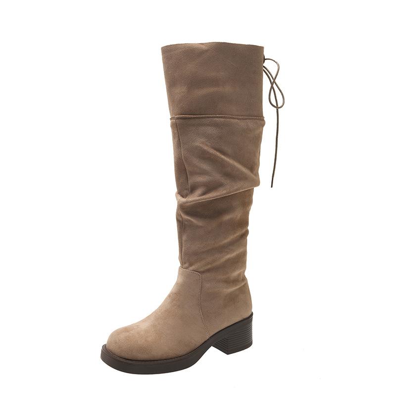 Tendência de moda outono e inverno novos sapatos cano médio botas de cavaleiro salto grosso plano versátil botas altas botas da moda