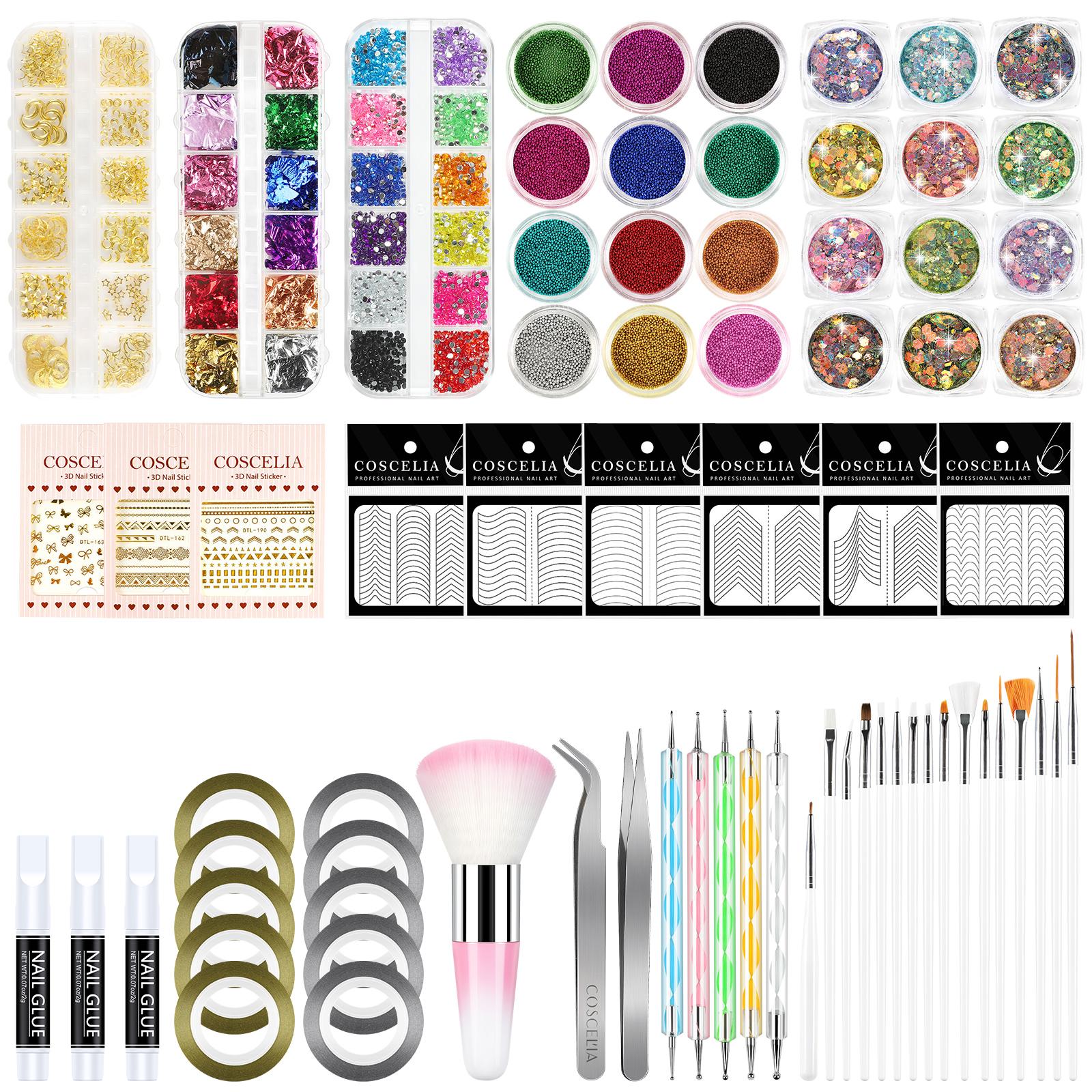 

COSCELIA Nail Art Set Nail Rhinestones Glitter Set Stickers and Nail Glue and Glitter Nail Brush Set Manicure Manicure Tools Set
