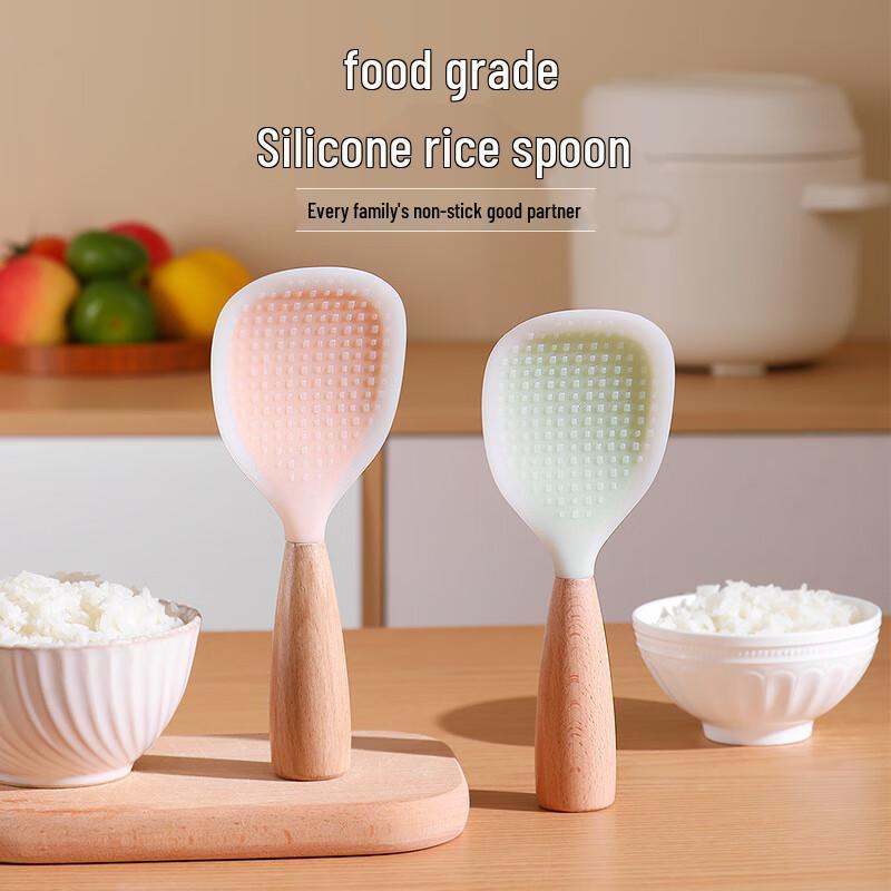 Heat-Resistant Silicone Rice Spoon with Wooden Handle