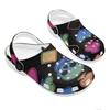 White EVA Clogs with Neon Heart Print, Lightweight Slip On Garden Shoes, Breathable Beach Sandals, Indoor Outdoor Slippers for Men Women