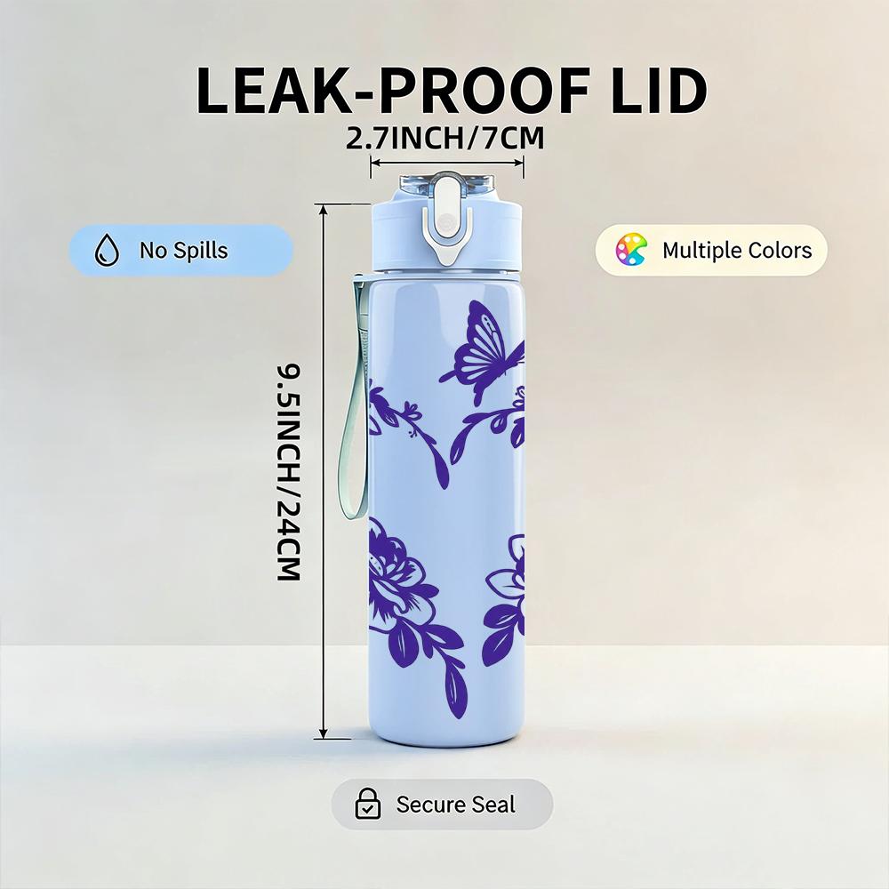 1PC Purple Floral Wreath Heart 750ml Color Plastic Sports Water Bottle Leakproof Flip Straw Lid Suitable for Sports Office Home Use
