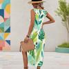 Women Plus Size U Neck Sleeveless Green Beige Tropical Leaf Printed High Side Slit Dress