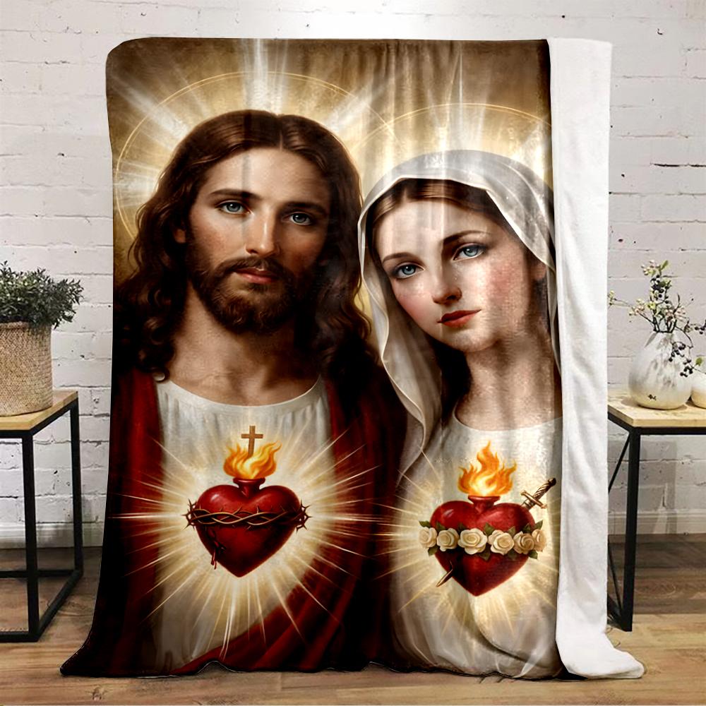 "Jesus and Mary Sacred Heart Illustration Blanket"Flannel blanket for bedroom, living room, sofa, and nap