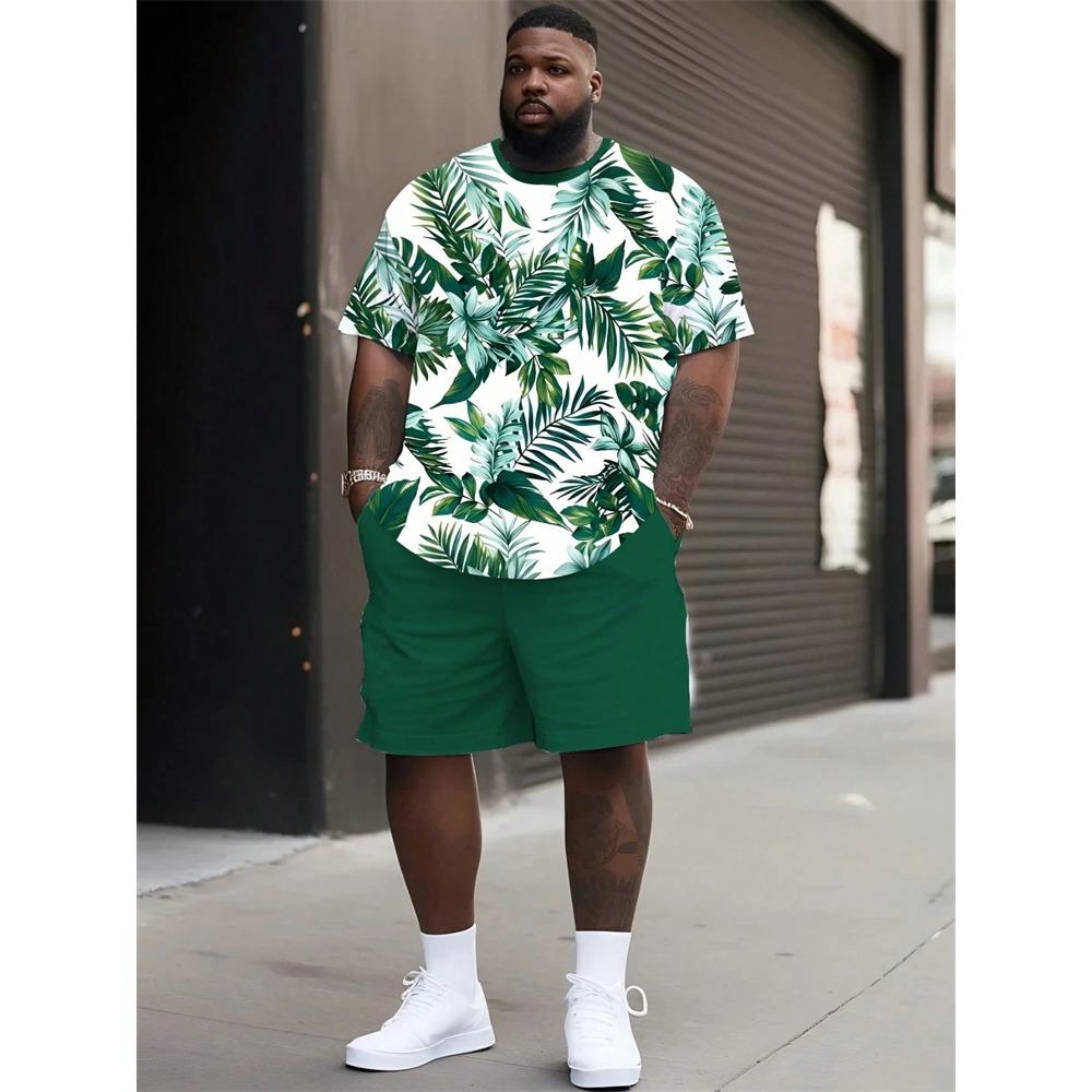 Men's Summer Coconut Tree Print Short-Sleeve T-Shirt and Shorts Set Hawaiian Sports Set Breathable Outdoor Two-Piece Set