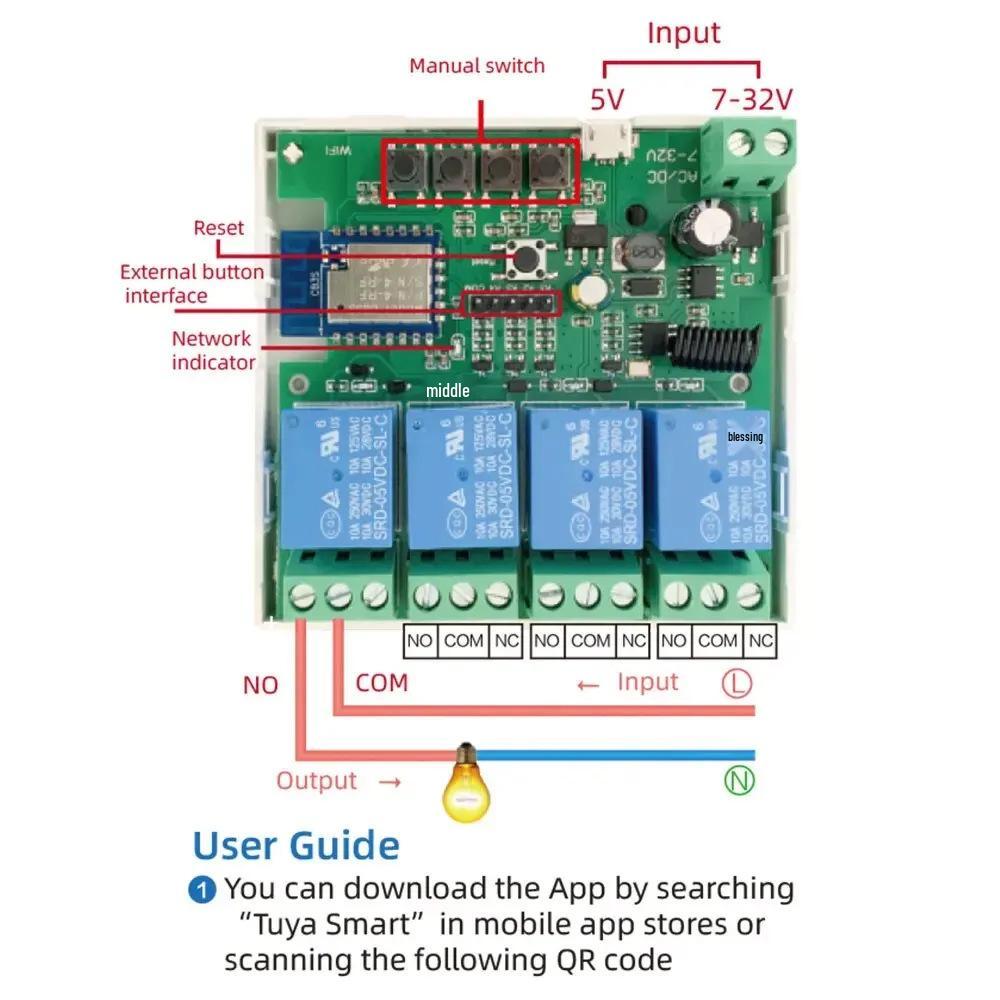 Graffiti Tuya WiFi + RF433MHz Jednokanałowy Moduł Przekaźnika z Funkcją Impulsu, Samoblokowania i Zdalnego Sterowania