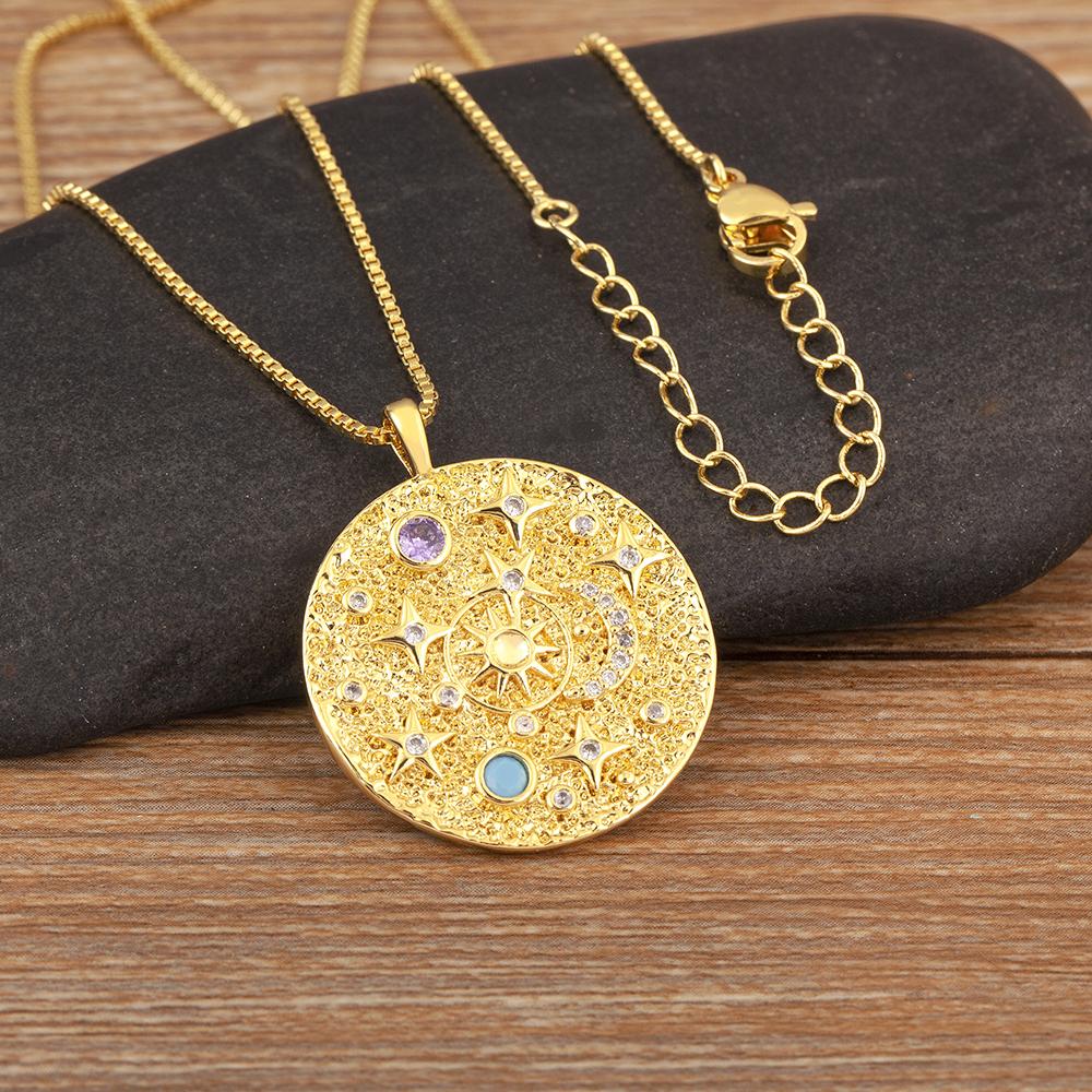 QIKU Romantic Sun/Star/Moon Pattern Round Pendant Gold Plated Copper Cubic Zirconia Necklace Women Jewelry Accessories Girl Gift