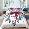 Stierenschedel Dekbedovertrek Set Boho Chic Veren Beddengoed Set Boheems Exotische Takken Bloem Voor Tieners Microvezel King Dekbedovertrek