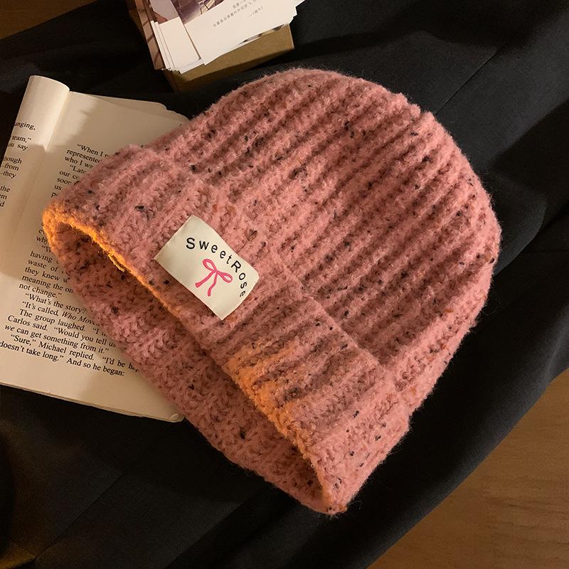 Korean Style Bow Patch Warm Knitted Woolen Hat for Women In Autumn and Winter Cold Hat Showing Face Small Big Head Circumference Hat