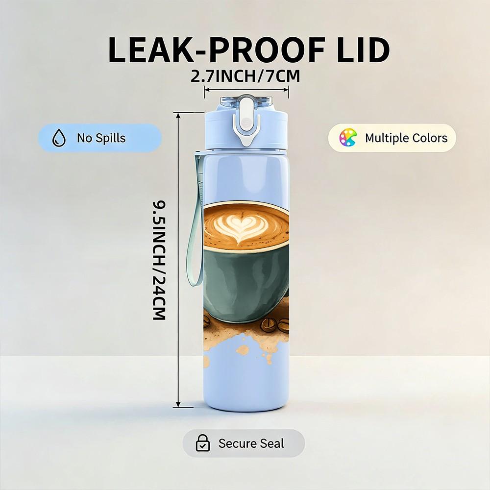 1PC Latte Coffee Cup Print 750ml Color Plastic Sports Water Bottle Leakproof Flip Straw Lid Suitable for Sports Office Home Use