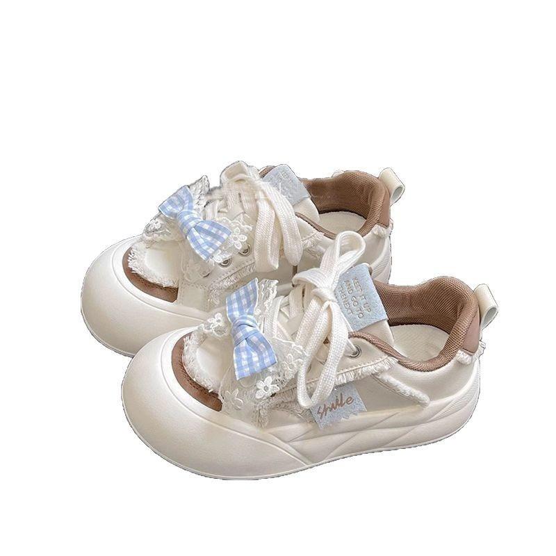 Bow Thick-soled Ugly Cute Big-headed Bread Shoes Women's Spring and Autumn New Versatile Little White Shoes Heightening Casual Board Shoes