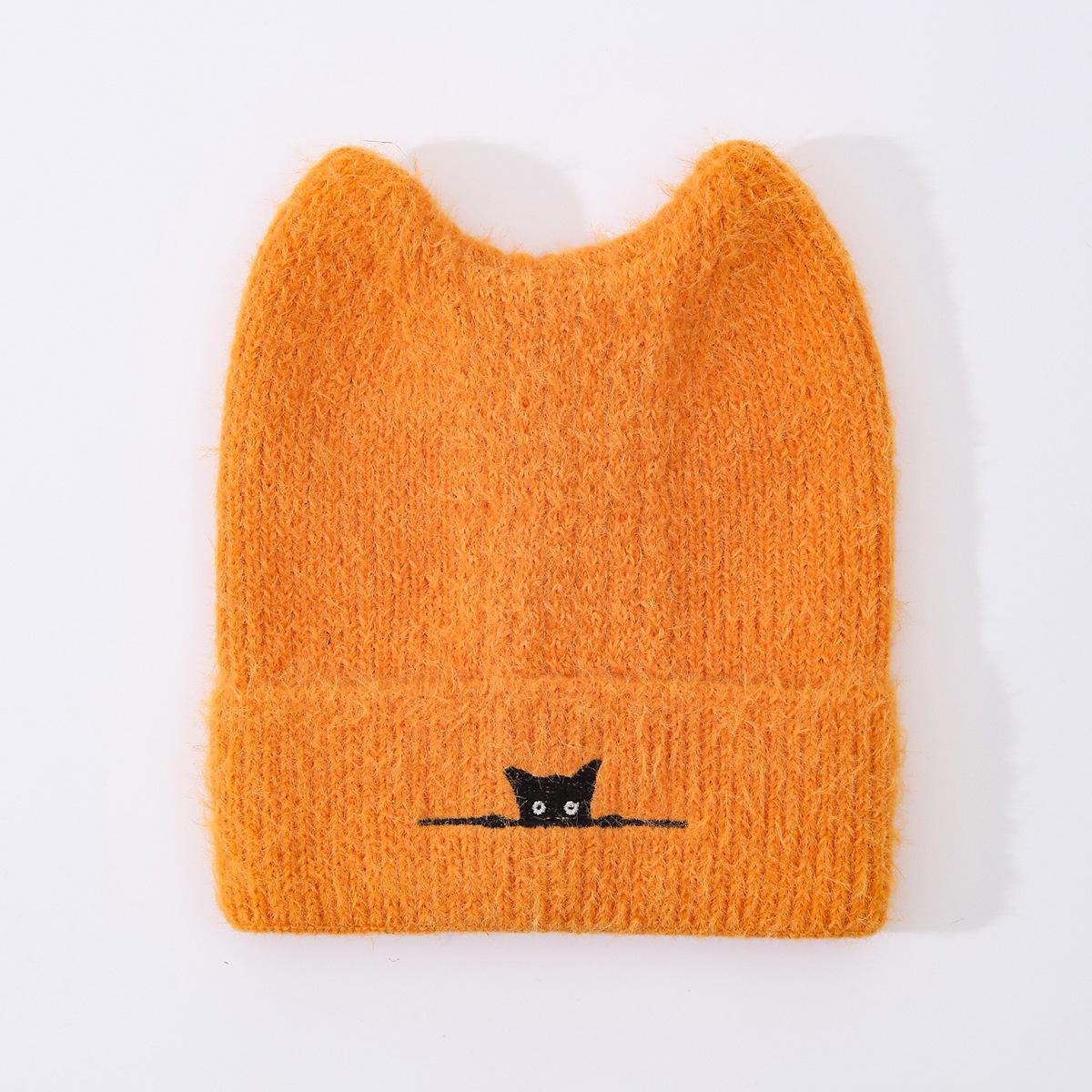 

Black Cat Print Knit Hat with Cute Ears - Slimming, Warm & Versatile Autumn/Winter Accessory помаранчевий